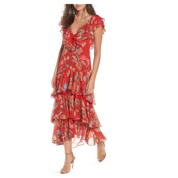 Wayf Dresses & Skirts - WAYF Chelsea Ruffle dress in red floral size Large